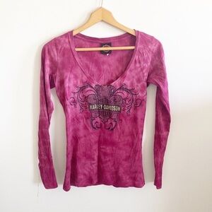 Harley-Davidson pink tie dye long sleeve v-neck top shirt